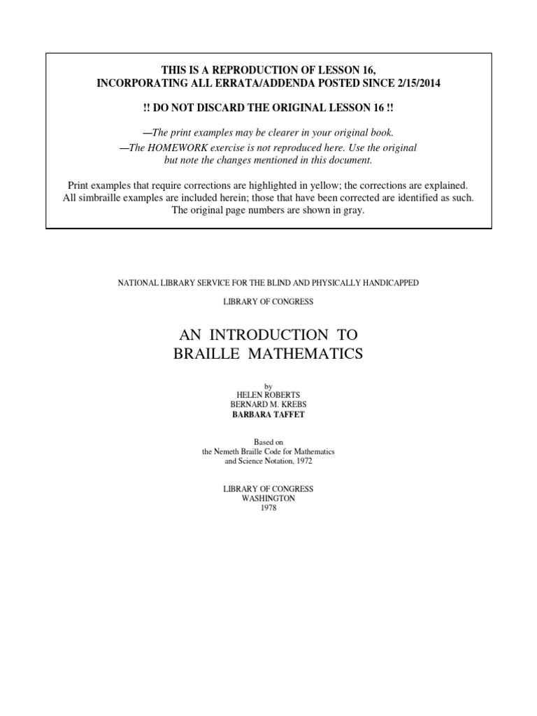 Lesson 16 Anintroductiontobraillemathematicserrata | PDF | Determinant ...