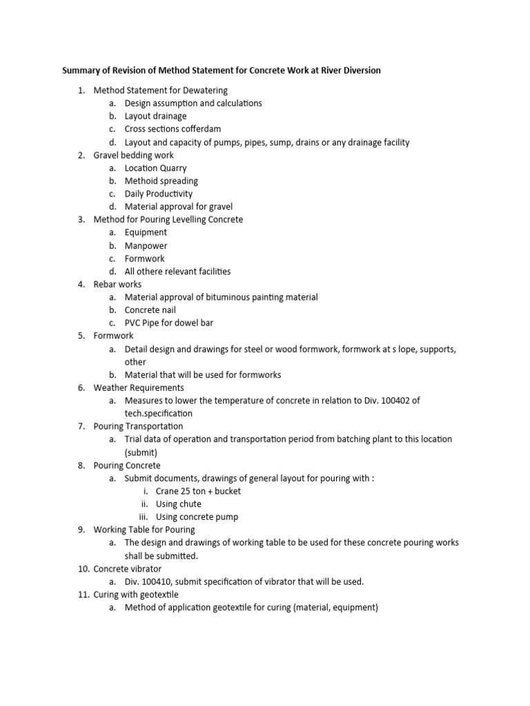 Concrete Work Method Statement Summary | PDF | Science & Mathematics ...