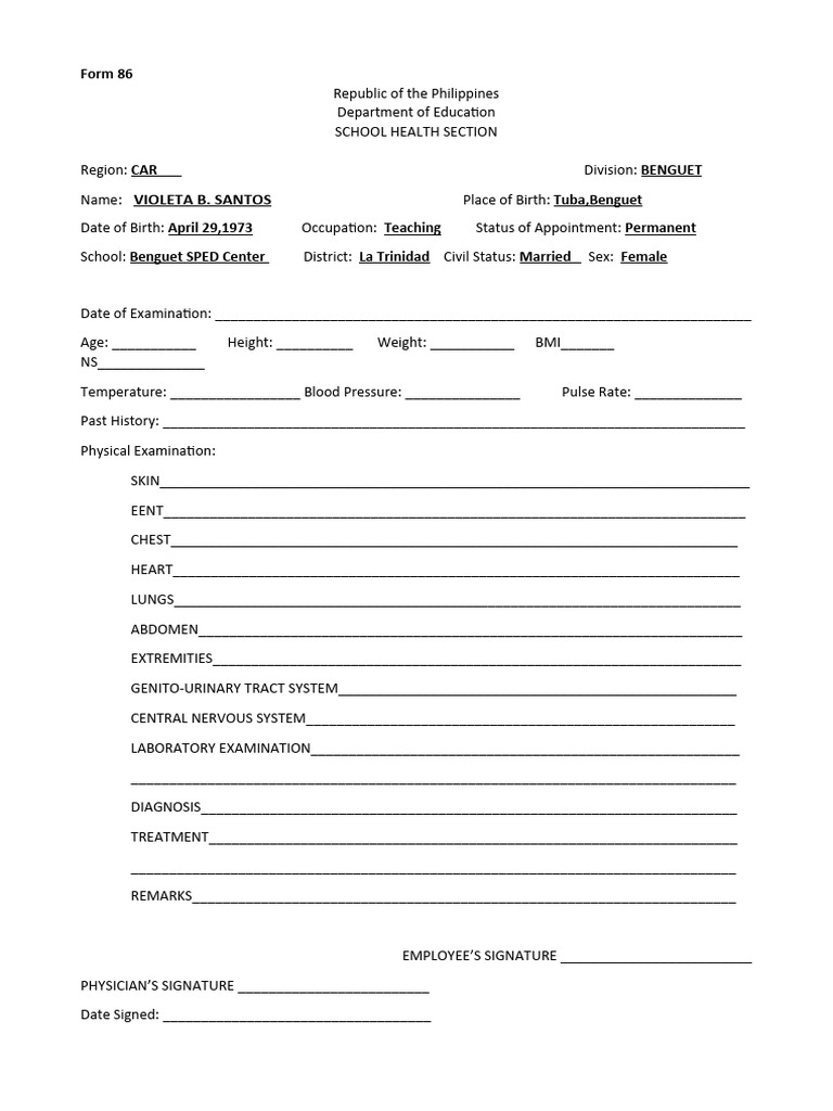 School Health Examination Form 86 | PDF