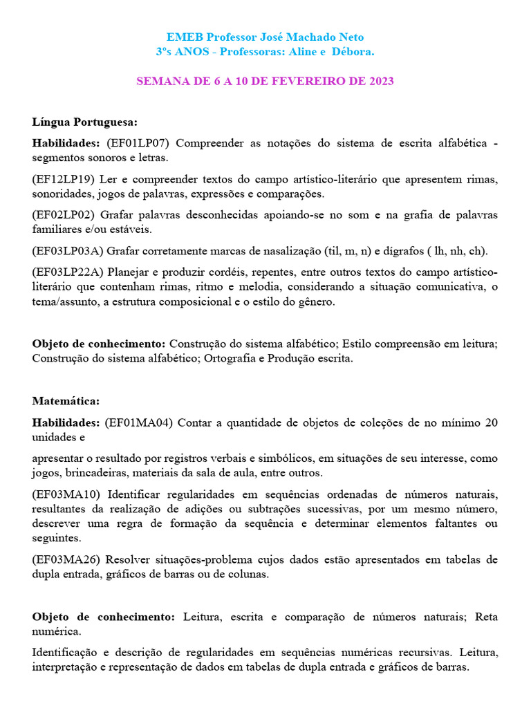 1 Semana De Aula Pdf Calendário Escrita