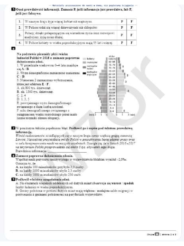 Sprawdzian Z Geografii Klasa 7 Ludność I Urbanizacja W Polsce