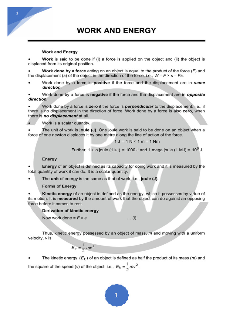 Work And Energy Formula List Class 9
