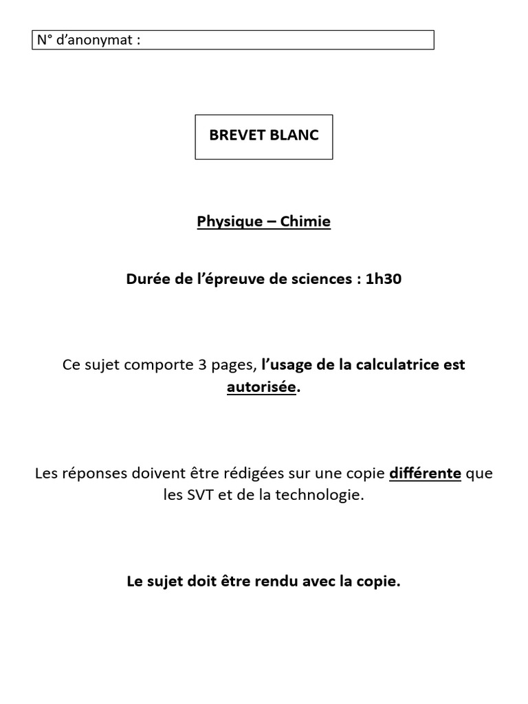 Sujet Brevet Blanc Physique Chimie Décembre 2023 Correction PDF
