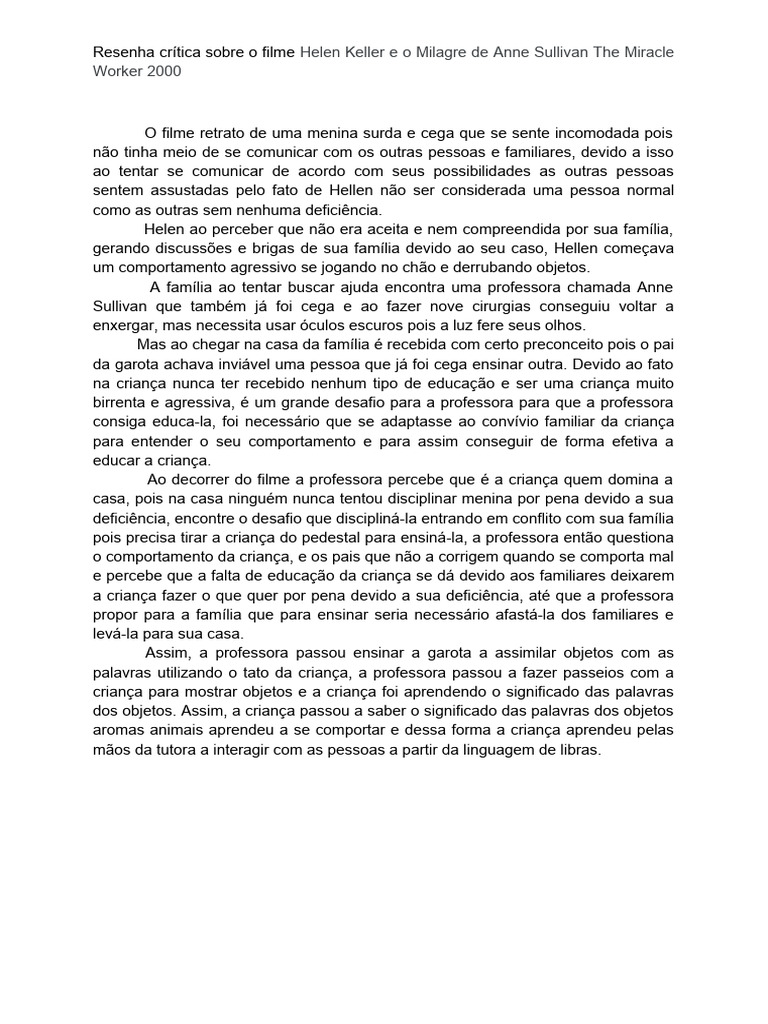 Helen Keller e o Milagre de Anne Sullivan The Miracle Worker 2000 | PDF ...