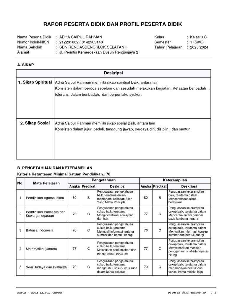 Rapor Kelas 3 C 20231 | PDF