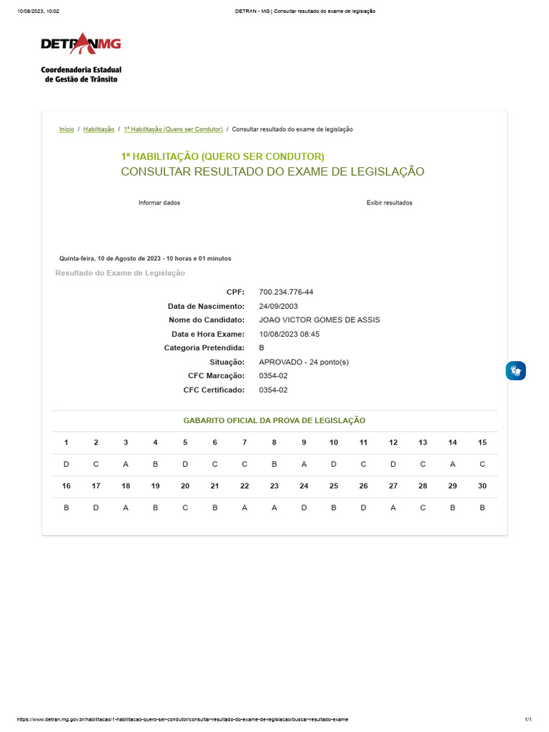 DETRAN - MG - Consultar Resultado Do Exame de Legislação | PDF