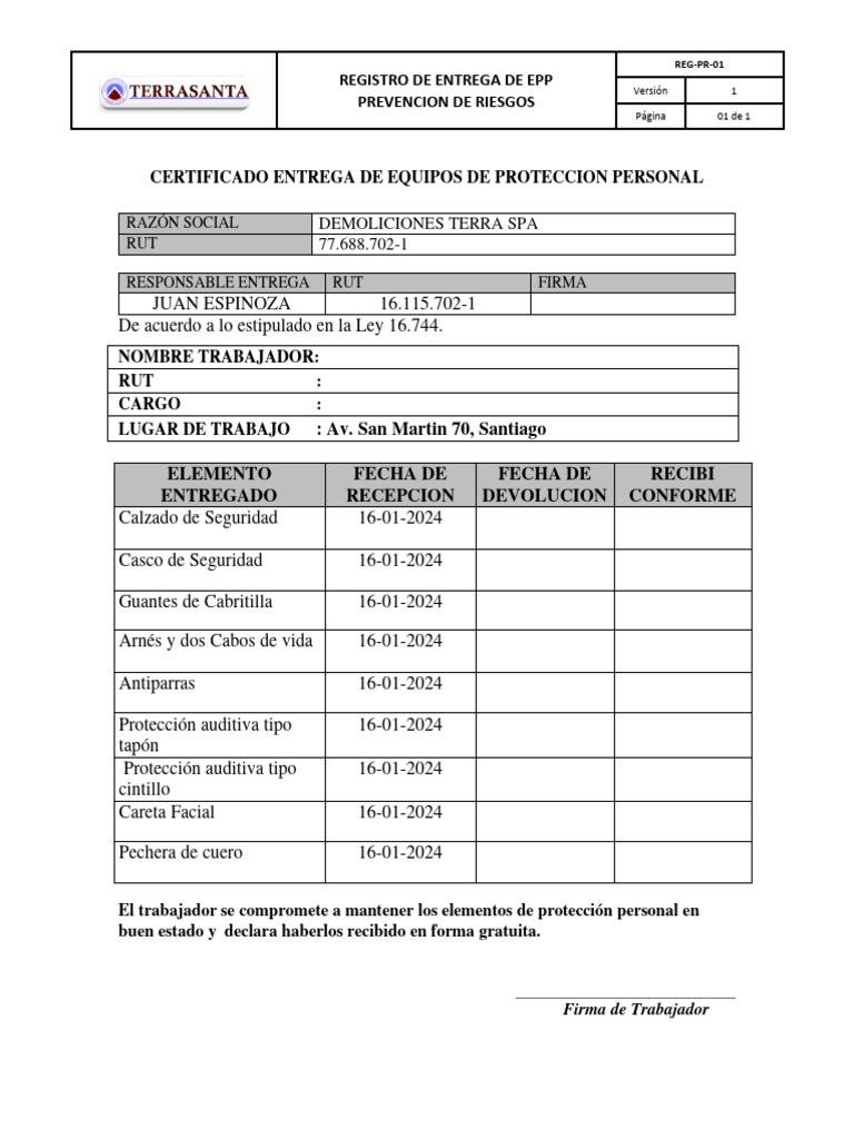 Certificado de Epp TERRASPA PDF