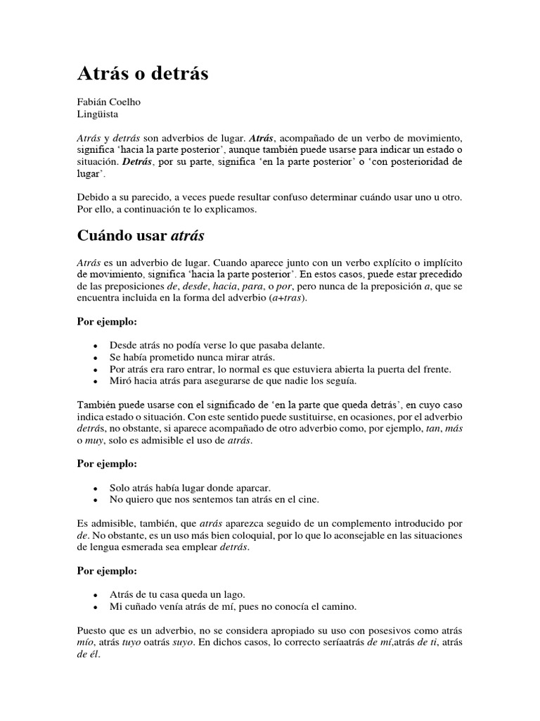 Atrás o Detrás | PDF | Adverbio | Preposición y Postposición