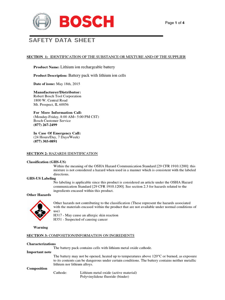 Lithium Ion Battery Safety Data Sheet | PDF | Rechargeable Battery ...