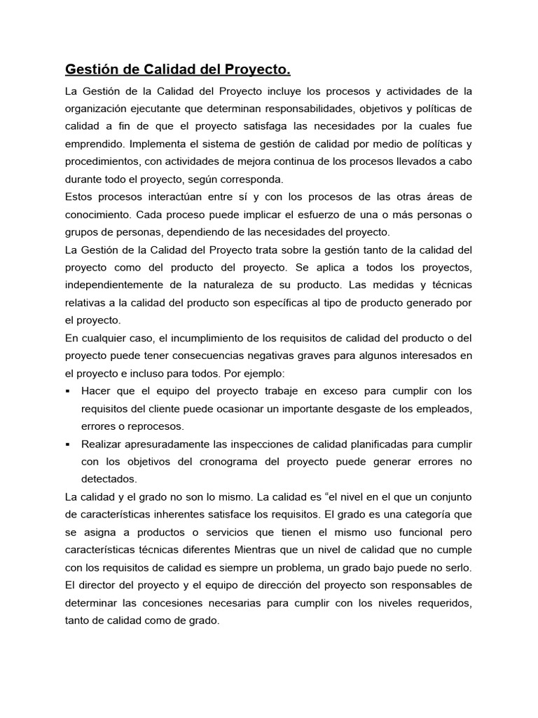 Gestión de Calidad Del Proyecto - 2023 | PDF | Calidad (comercial ...