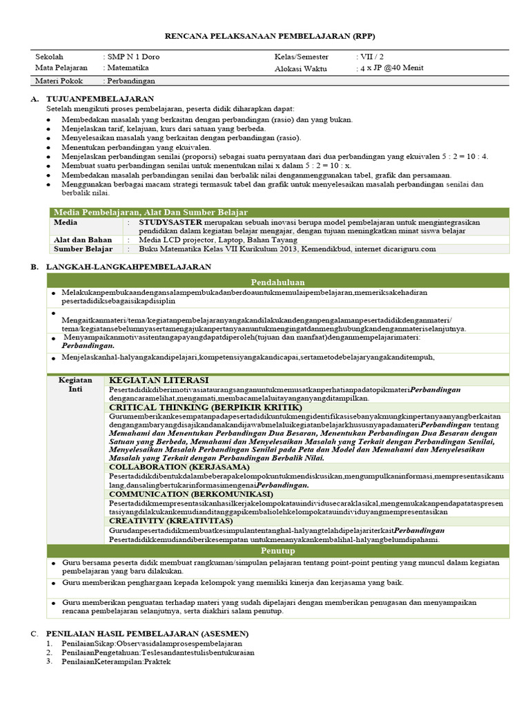 RPP I Rasio Perbandingan | PDF | Sains & Matematika