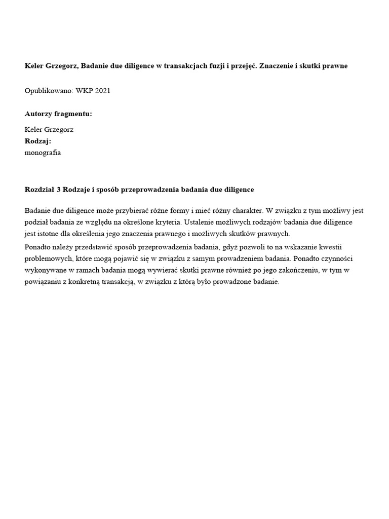 3 Rozdział Badanie Due Diligence W M&A | PDF