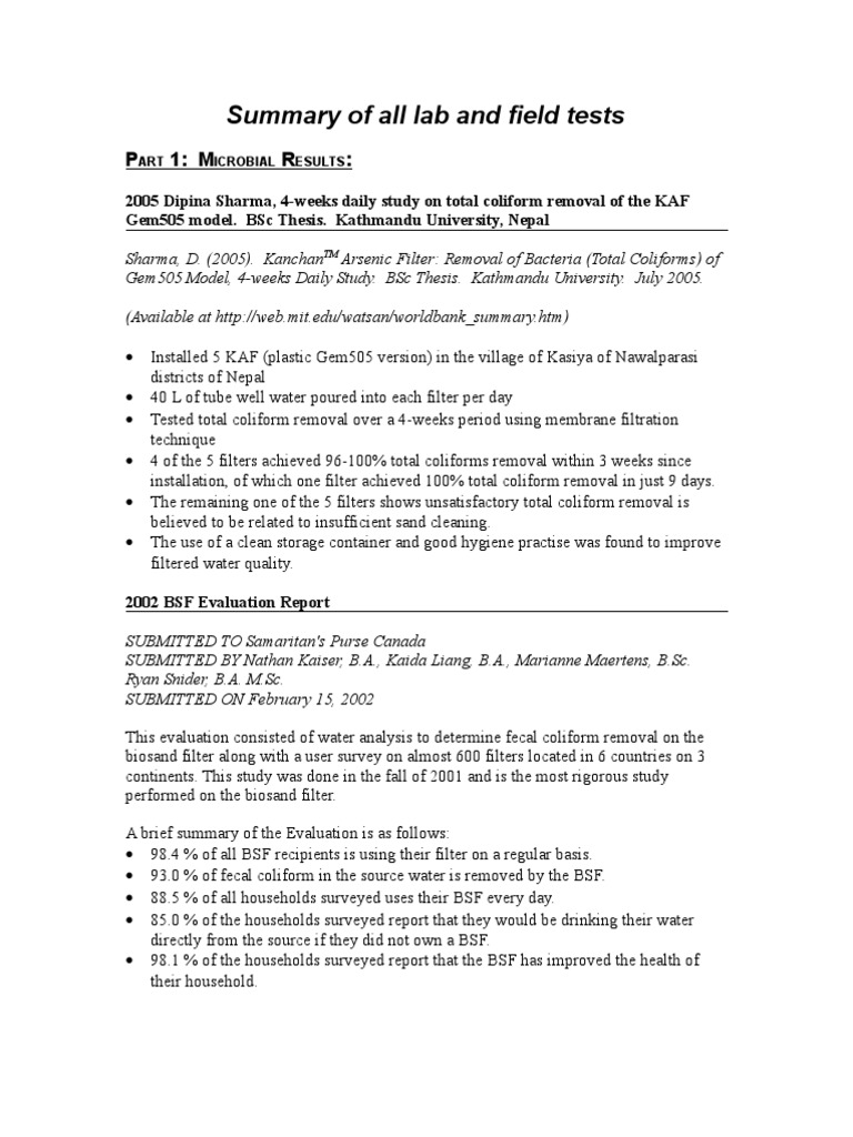 Appendices To Manual B - Summary of All Lab and Field Testing Oct 05 ...