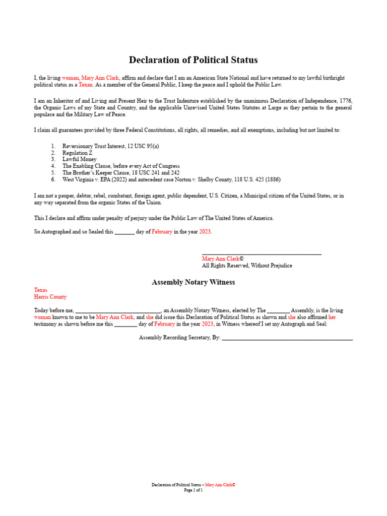 Mary Ann Clark's Political Status Declaration | PDF | United States ...