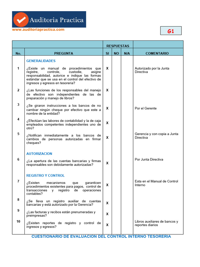 Auditoria Cuestionario de Control Interno Tesoreria | Descargar gratis ...