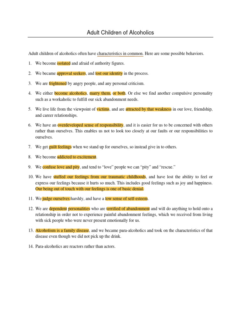 Traits of Adult Children of Alcoholics | PDF | Shame | Guilt (Emotion)
