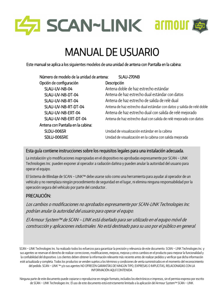Scan Link Armour Single Antenna Users Manual Rev 12.3 Can - Us - Mex ...