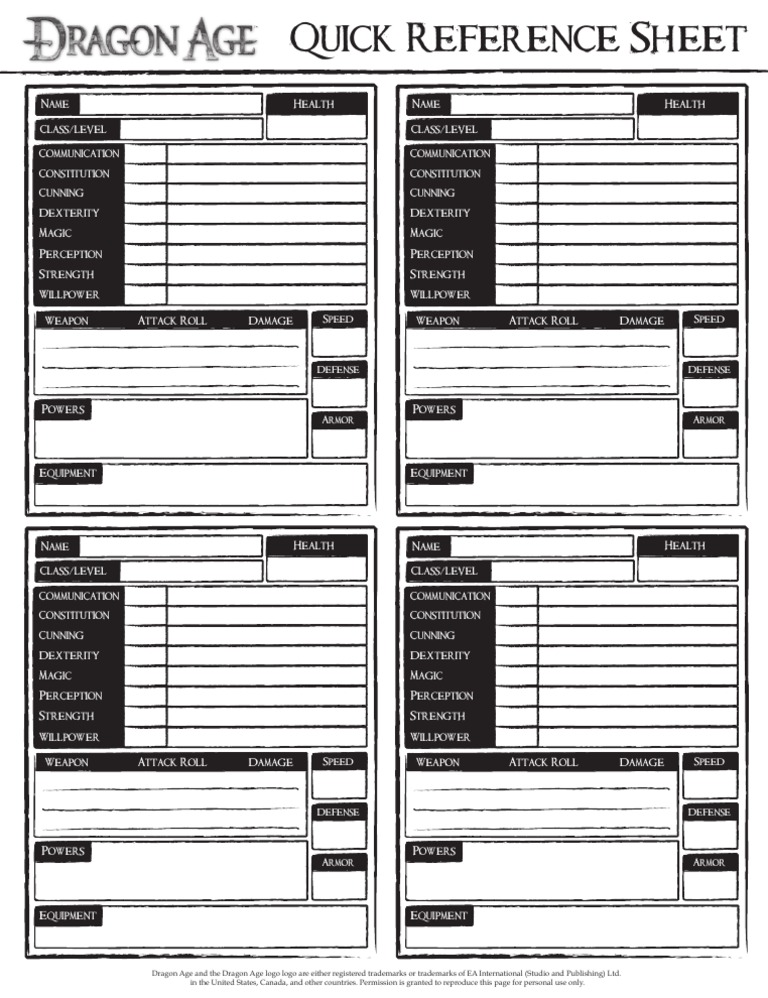 Dragon Age Quick Reference Sheet | PDF