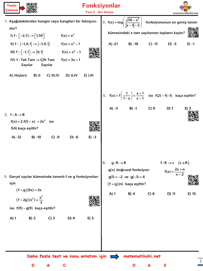 Fonksiyonlar Test 3 Z | PDF