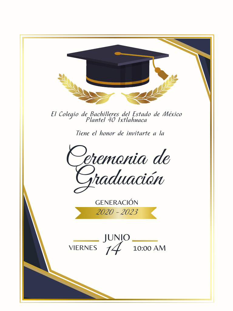 Invitación para Ceremonia de Graduación Elegante Azul y Dorado | PDF