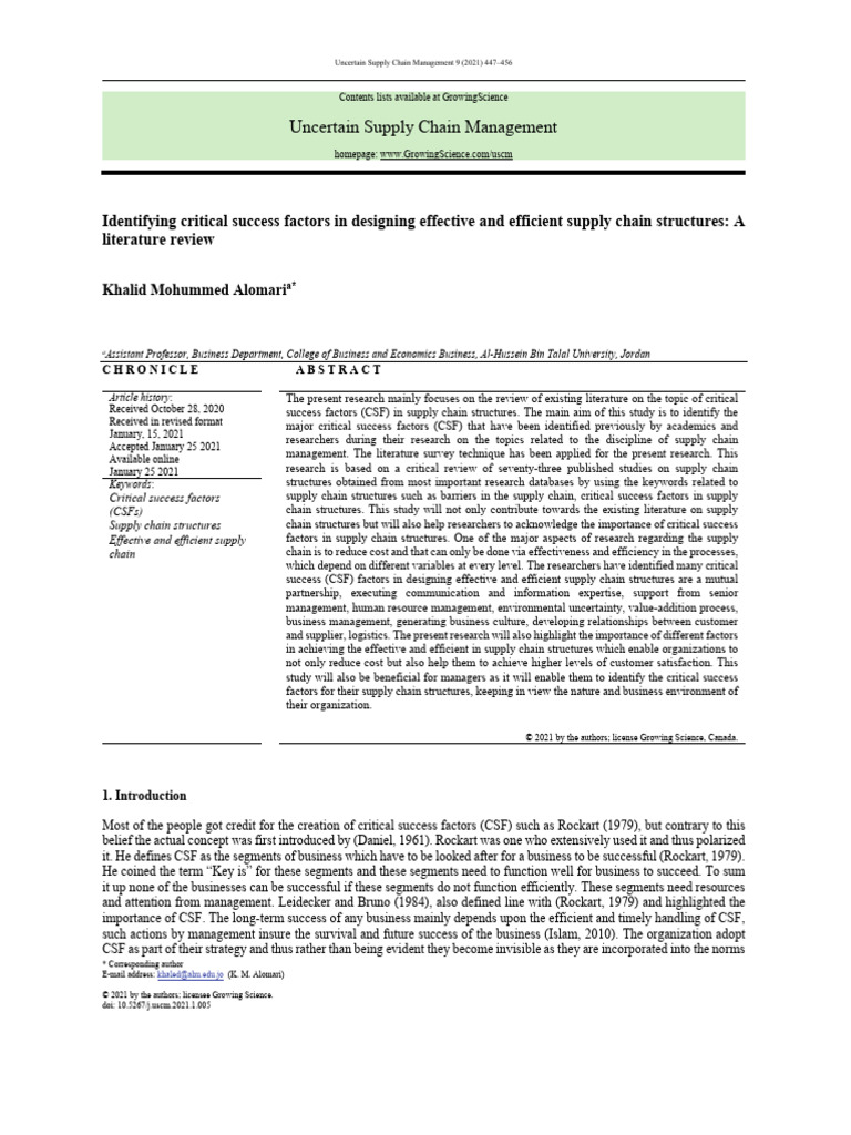 Identifying Critical Success Factors in Designing | PDF | Supply Chain ...