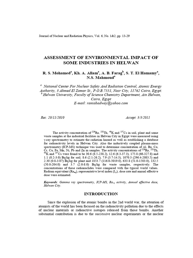 ASSESSMENT OF ENVIRONMENTAL IMPACT OF SOME INDUSTRIES IN HELWAN | PDF ...