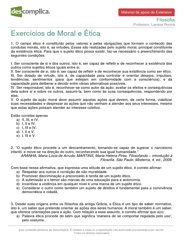 Exercícios de Ética e Moral em Filosofia | PDF | Moralidade | Conhecimento