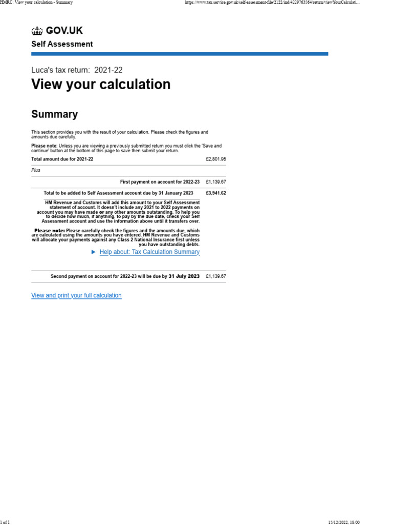 HMRC View Your Calculation - Summary | PDF