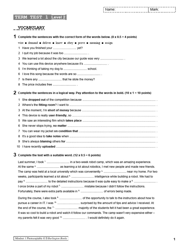 Mindset Plus Unit 1 Test Overview | PDF | Cognition | Cognitive Science