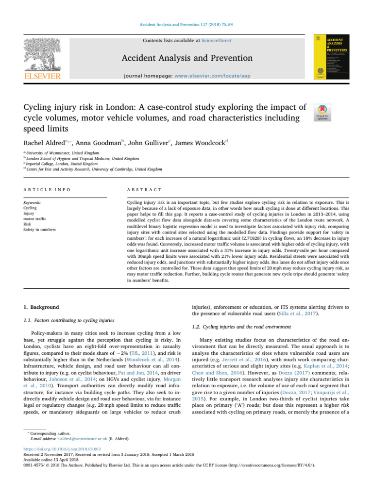 1 s2.0 S0001457518301076 Main | PDF | Cycling Infrastructure | Risk