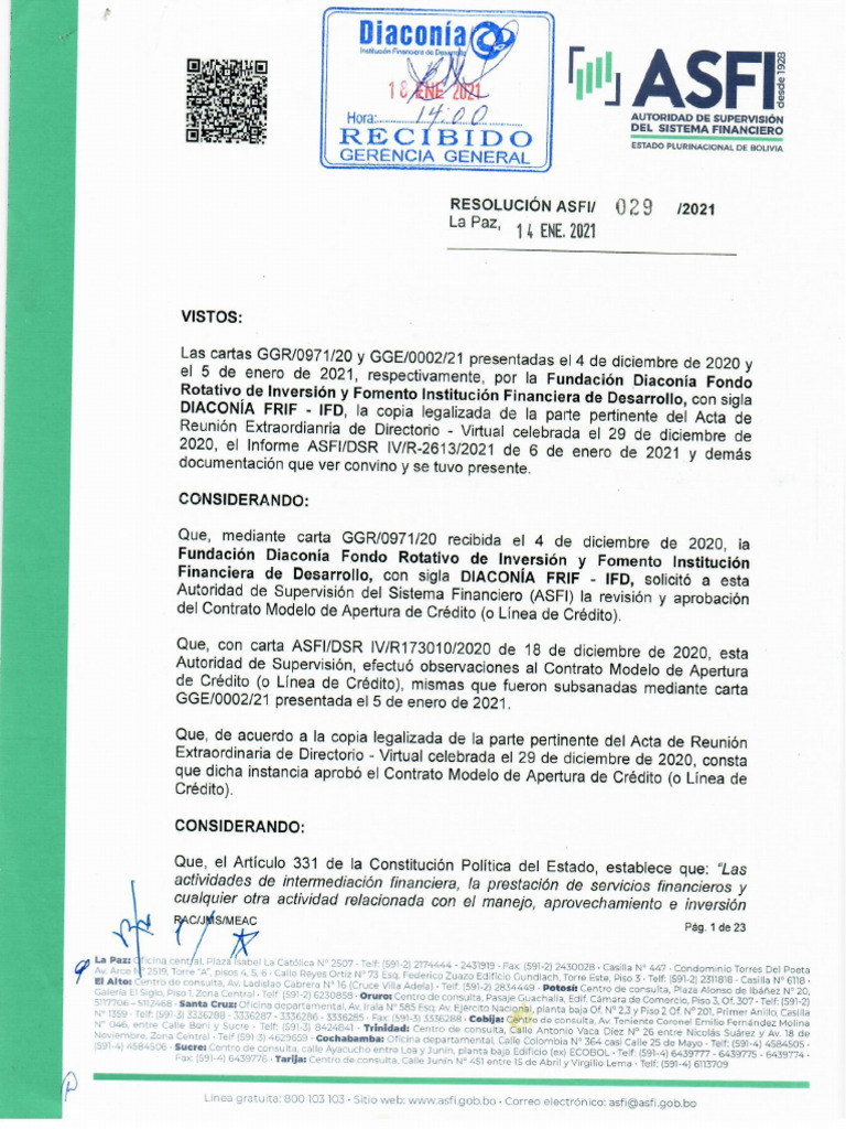 Asfi Resolucion 029 2021 Contrato Linea de Credito | PDF