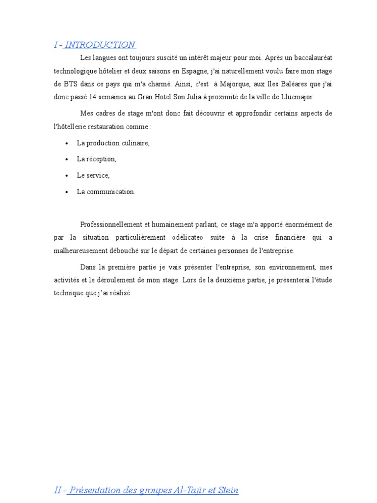 Rapport De Stage Bts 2 Cuisine Restaurants