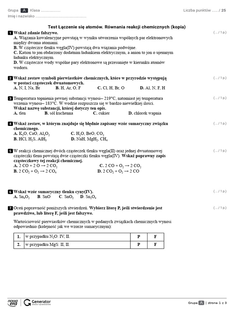 Bilansowanie Reakcji Chemicznych Klasa 7 Test Chemia Równania Reakcji kl.7 | PDF