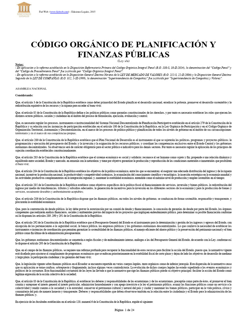 Código Orgánico de Planificación y Finanzas Públicas | PDF ...