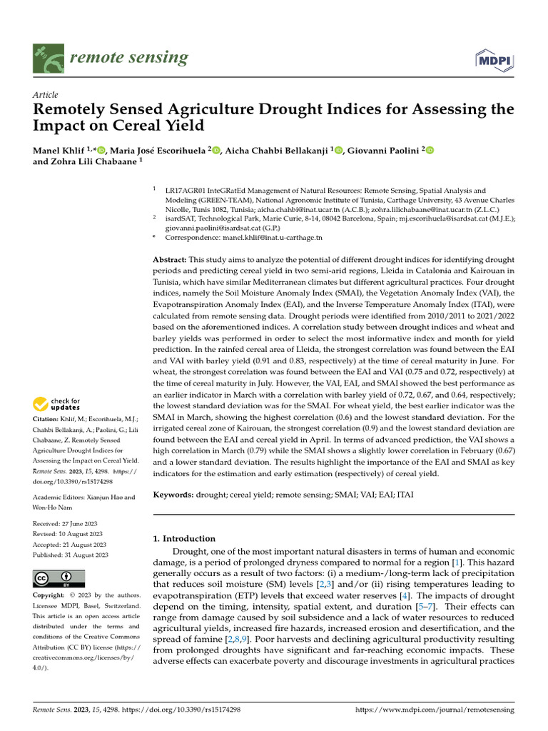 Remotesensing 15 04298 v2 | PDF | Drought | Water Scarcity