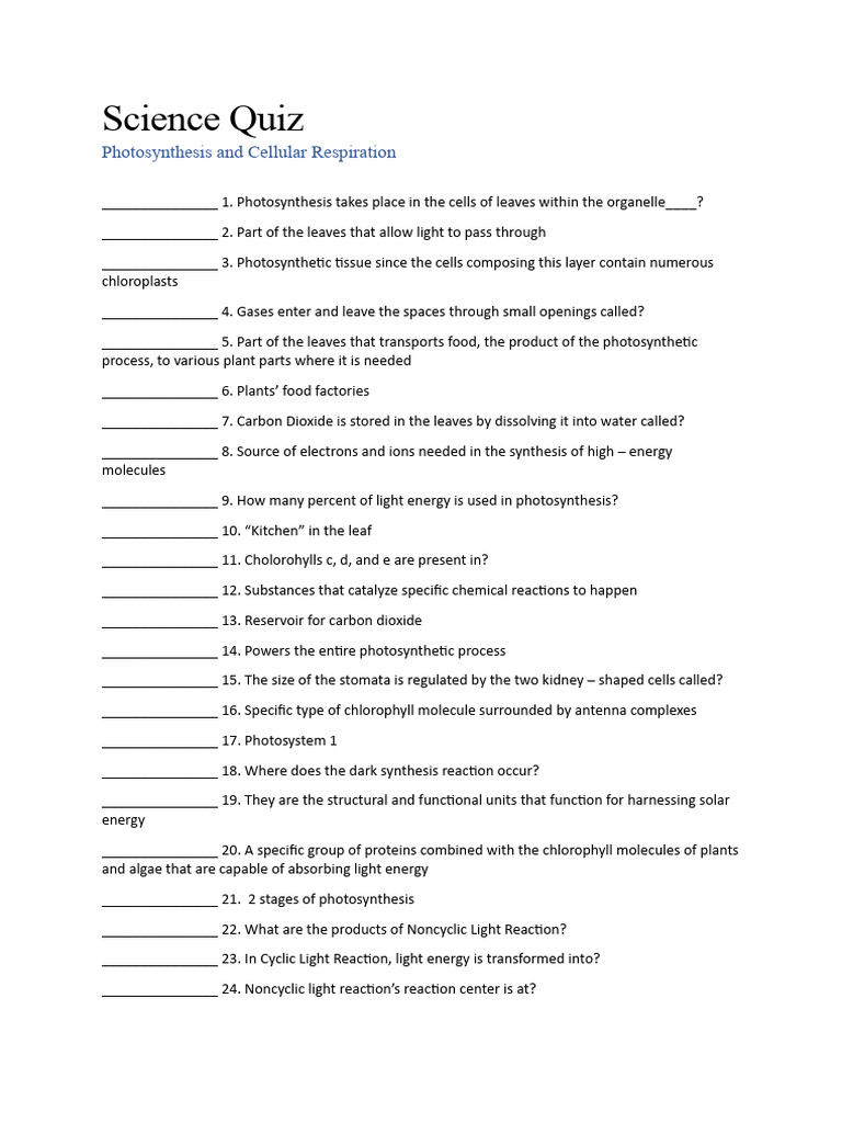 Photosynthesis and Respiration Quiz | PDF | Photosynthesis | Adenosine ...
