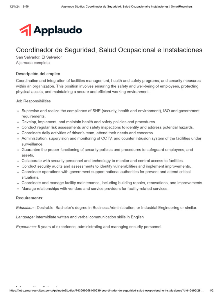 Coordinador de Seguridad y Salud Ocupacional | PDF | Occupational ...