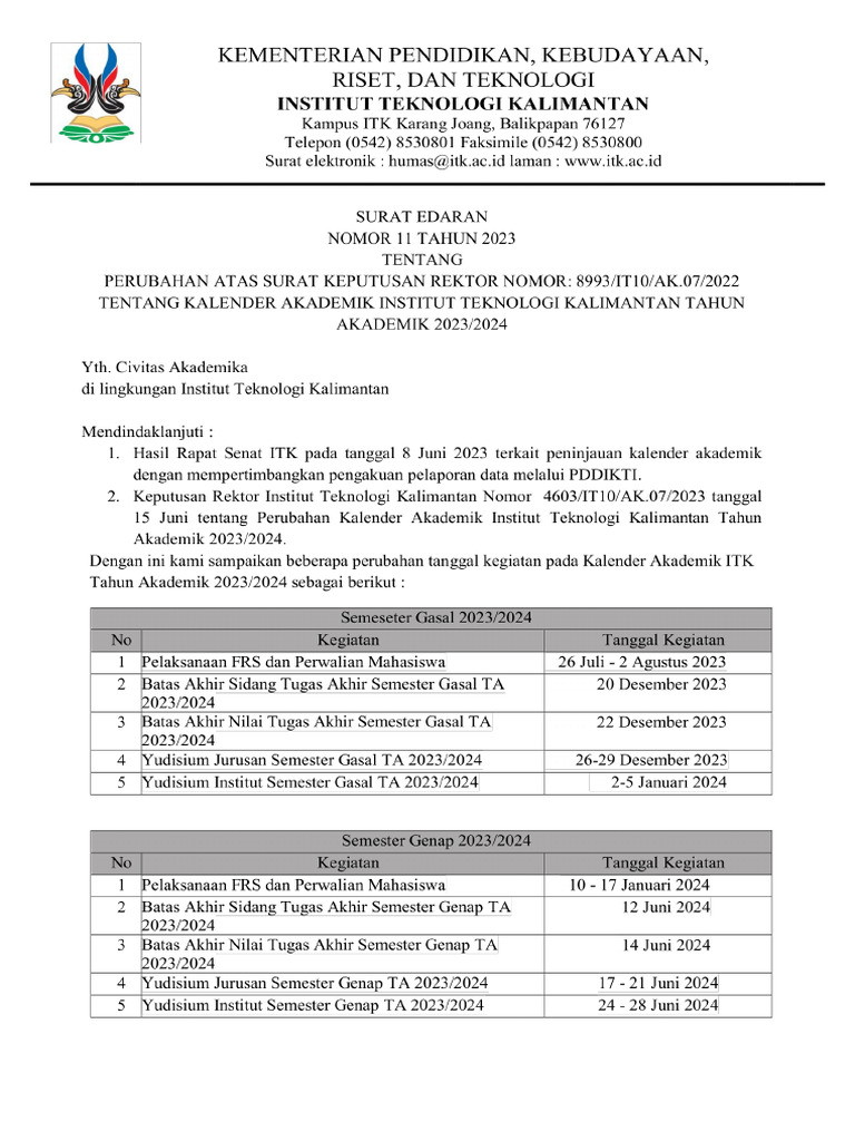11-SE Rektor ITK Nomor 11 Tahun 2023 Tentang Perubahan Kalender