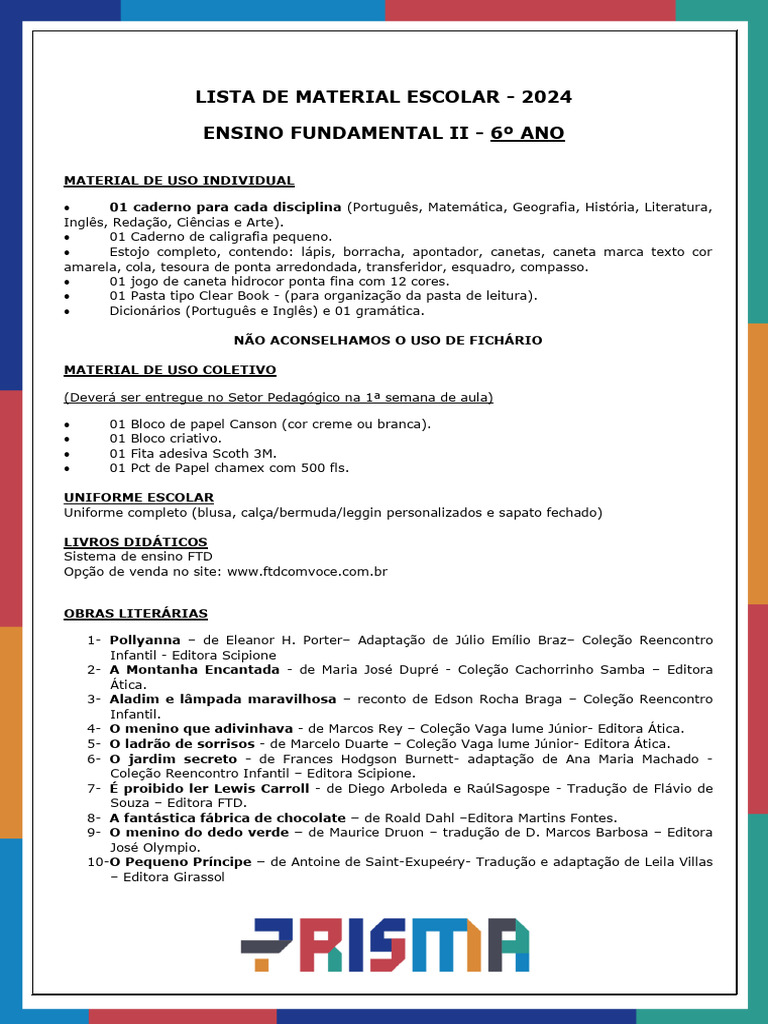 Lista de Material Escolar 2024 | PDF