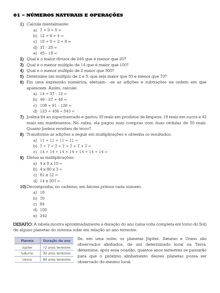 03 - EXERCICIOS - Números Naturais e Operações N | PDF