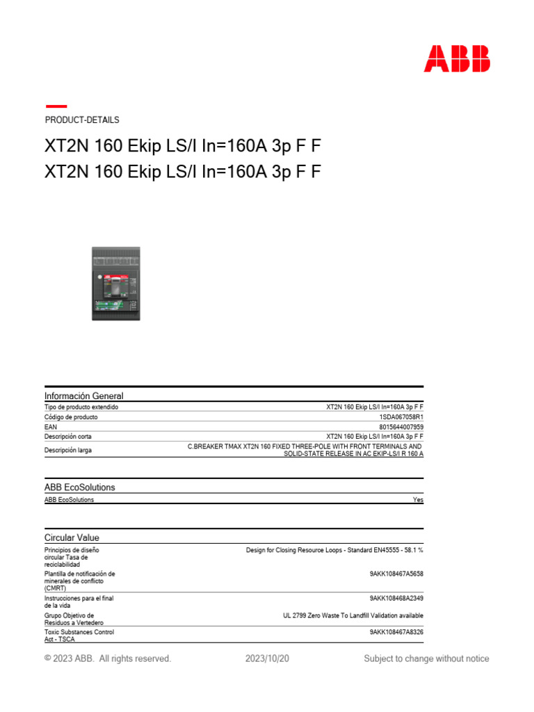 1SDA067058R1 xt2n 160 Ekip Ls I in 160a 3p F F | PDF | Ingenieria ...