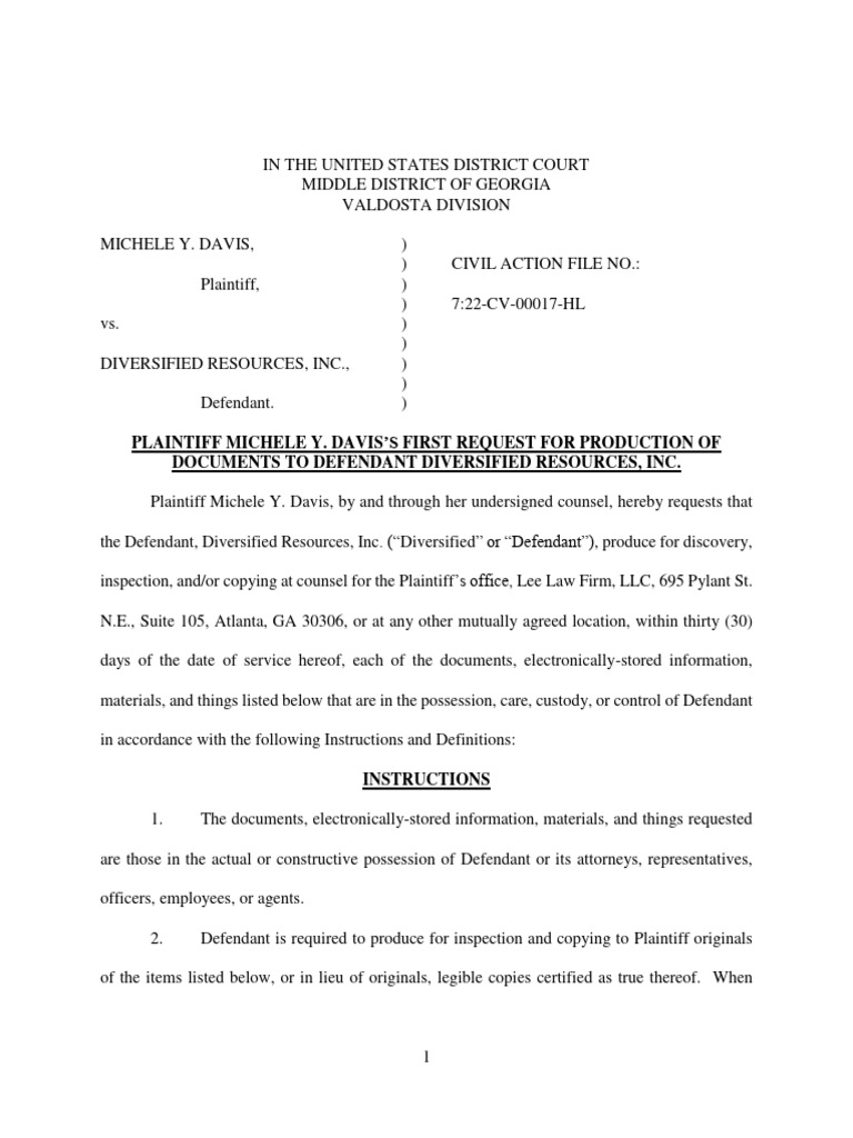 Davis v. Diversified Resources Document Request | PDF | Americans With ...