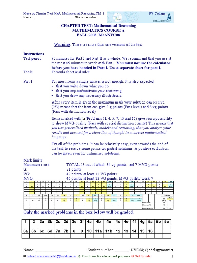 Warning: Chapter Test: Mathematical Reasoning Mathematics Course A Fall ...