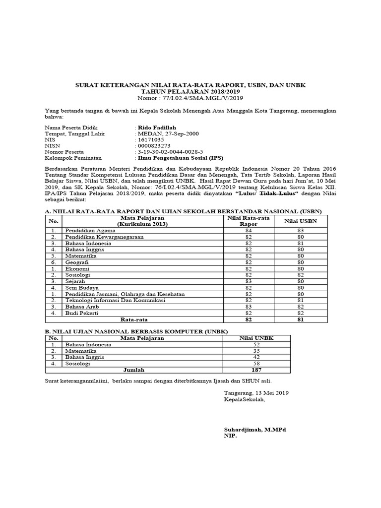 Surat Keterangan Nilai Rata-Rata Siswa | PDF