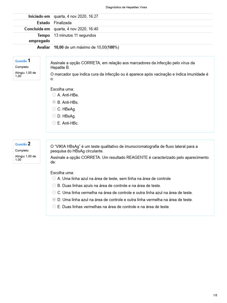 Gabarito 1 Diagnóstico de Hepatites Virais TELELAB | PDF | Hepatite | Vírus
