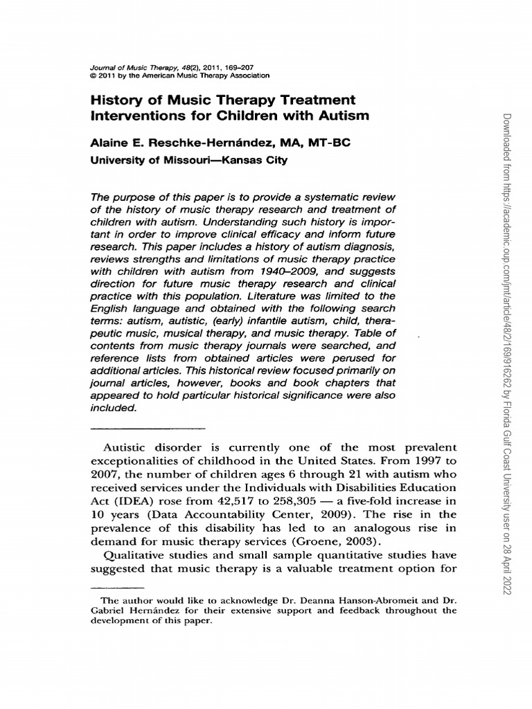 History of Music Therapy for Autism | PDF | Autism Spectrum | Psychotherapy