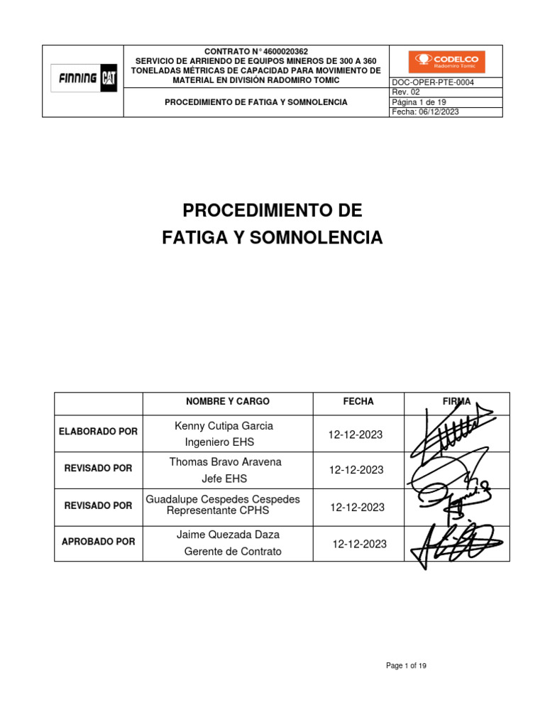 DOC-OPER-PTE-0004. Procedimiento de Fatiga y Somnolencia V2 20362 | PDF ...