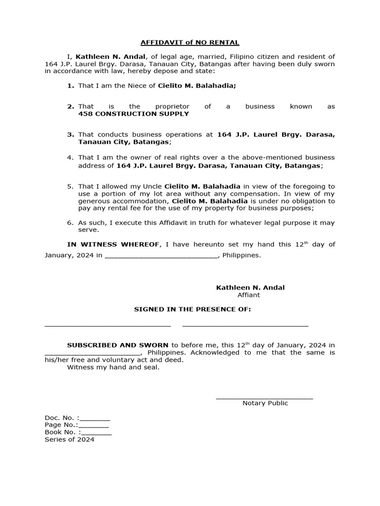 Affidavit of No Rental in Philippines | PDF | Affidavit | Evidence