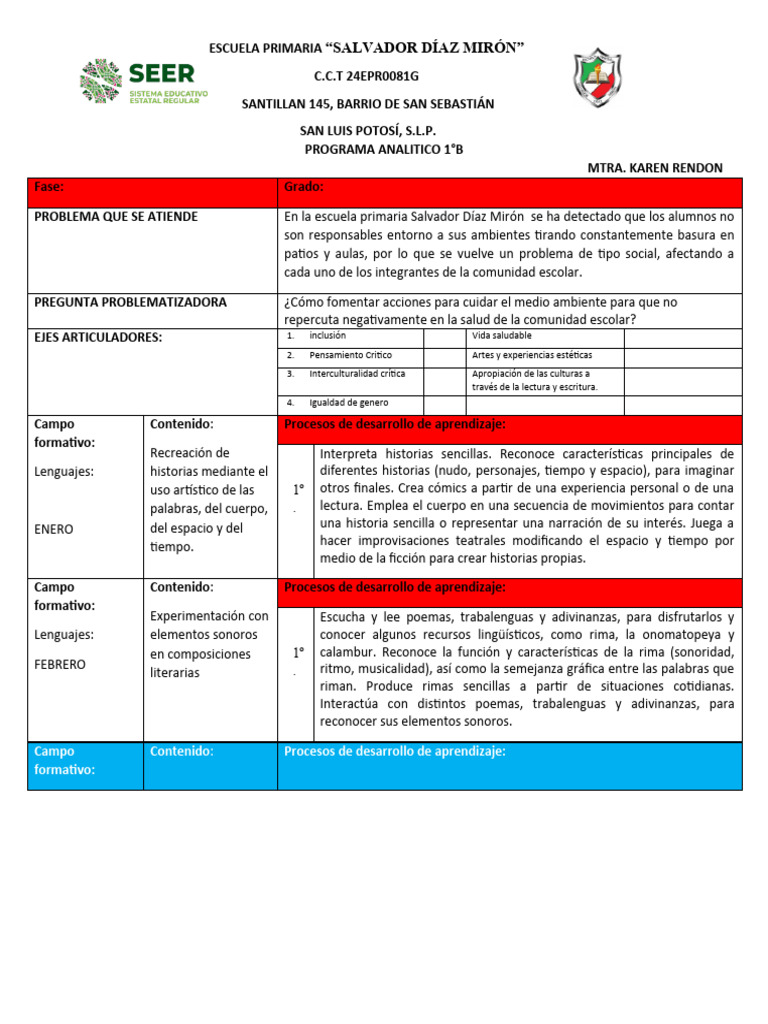 Plan Analitico 1 Grado | PDF | Sonido | Aprendizaje