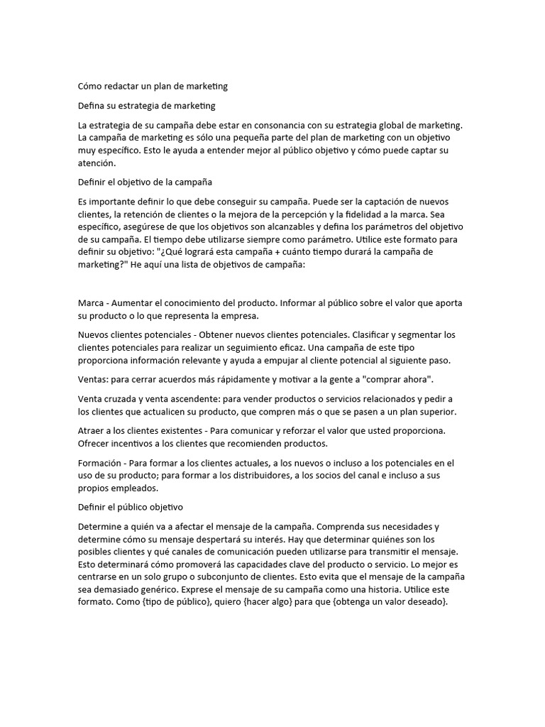 Cómo Redactar Un Plan de Marketing Ingles | PDF | Marketing | Presupuesto